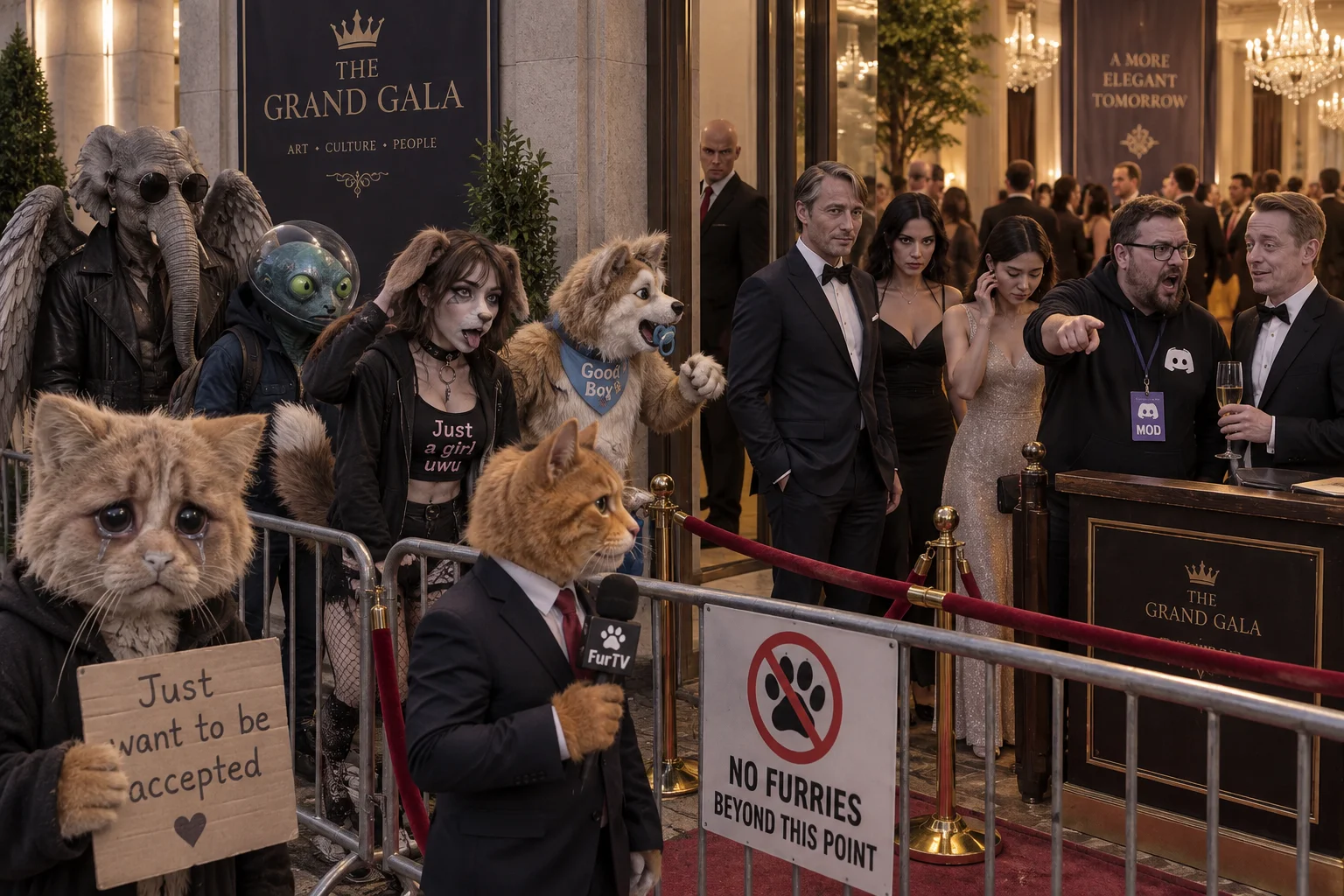 Furry animal characters wait outside an event hall barrier as human-looking guests enter, while a sad cat stares tearfully at the camera.