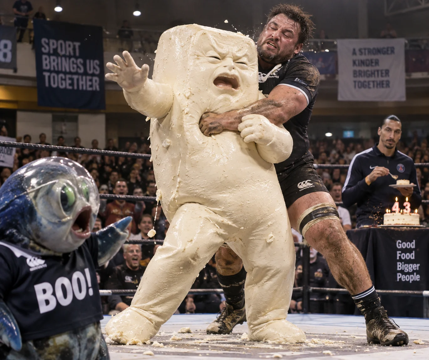 A scuffed rugby player wrestles a wobbling human-shaped tofu while a barreleye fish boos and Zlatan eats birthday cake in the corner of an indoor sports venue.