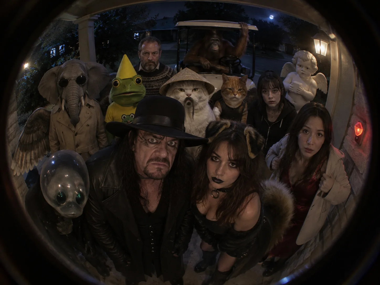 A strange crowd of people and animals stares through a front-door peephole at midnight, with an orangutan waiting in a golf cart behind them.
