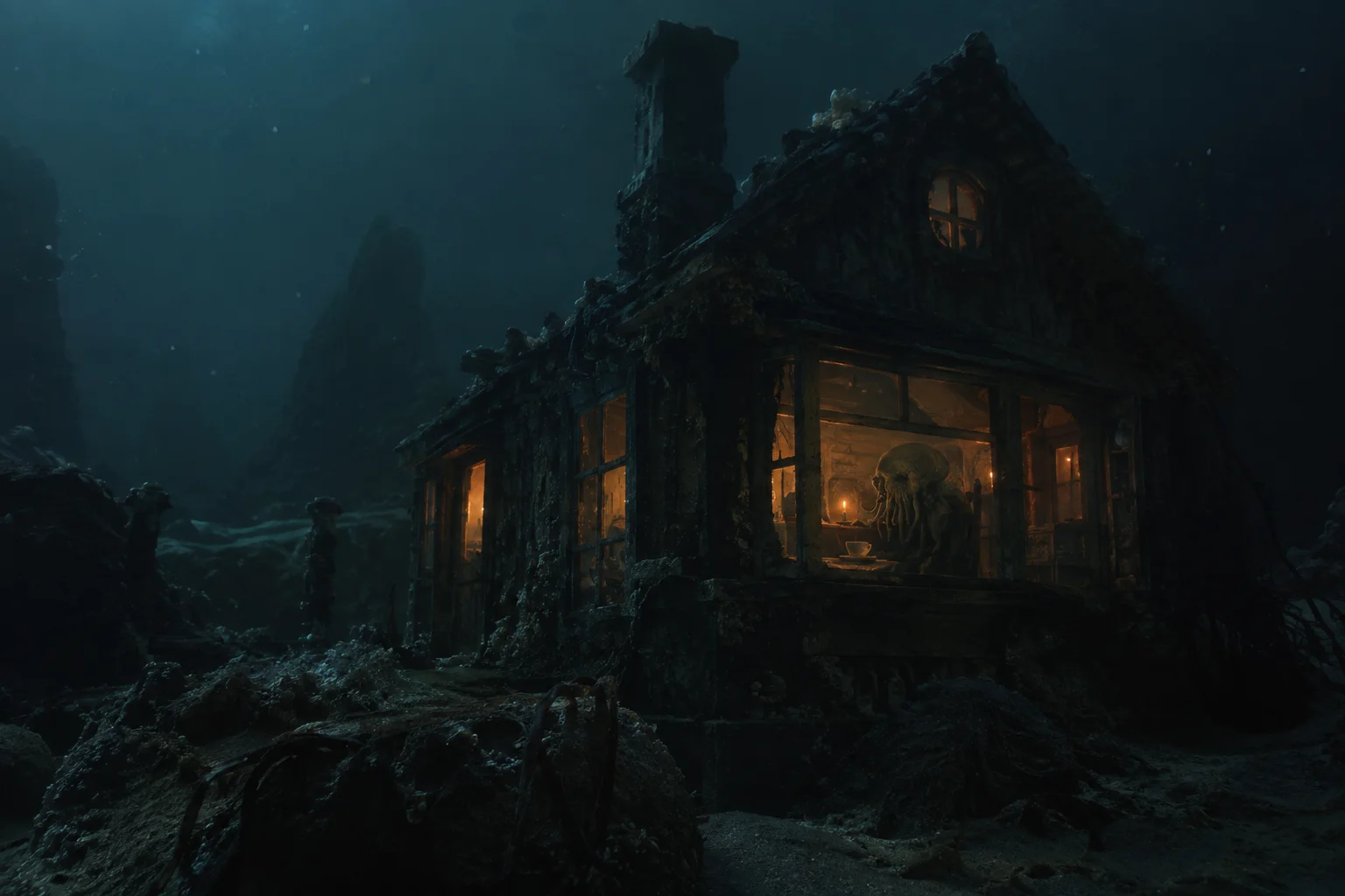 A small Cthulhu-like creature enjoys tea inside a secluded house on the pitch-dark ocean floor.