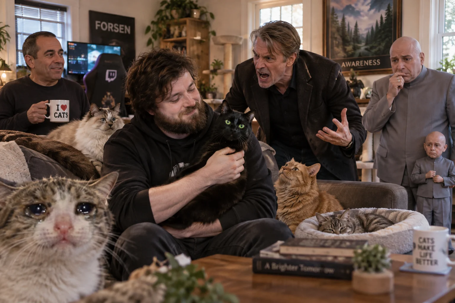On a quiet Saturday, Forsen adopts a black cat in his living room as other cats and expressive visitors gather around him.