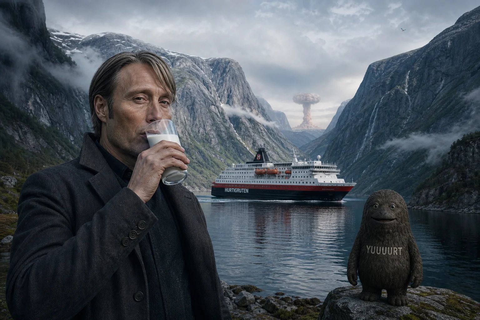 A man calmly drinks milk beside a Norwegian fjord, with towering misty cliffs, a coastal ship, and whimsical surreal details in the cool Nordic landscape.