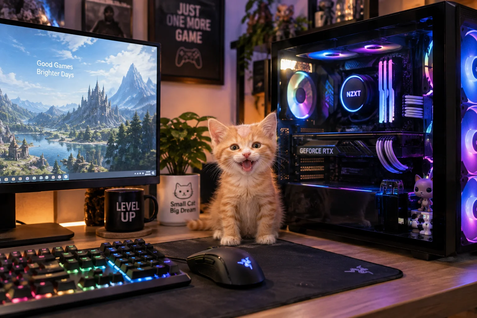 A tiny orange cat with a bald spot happily poses beside a glowing new gaming PC at a desk.