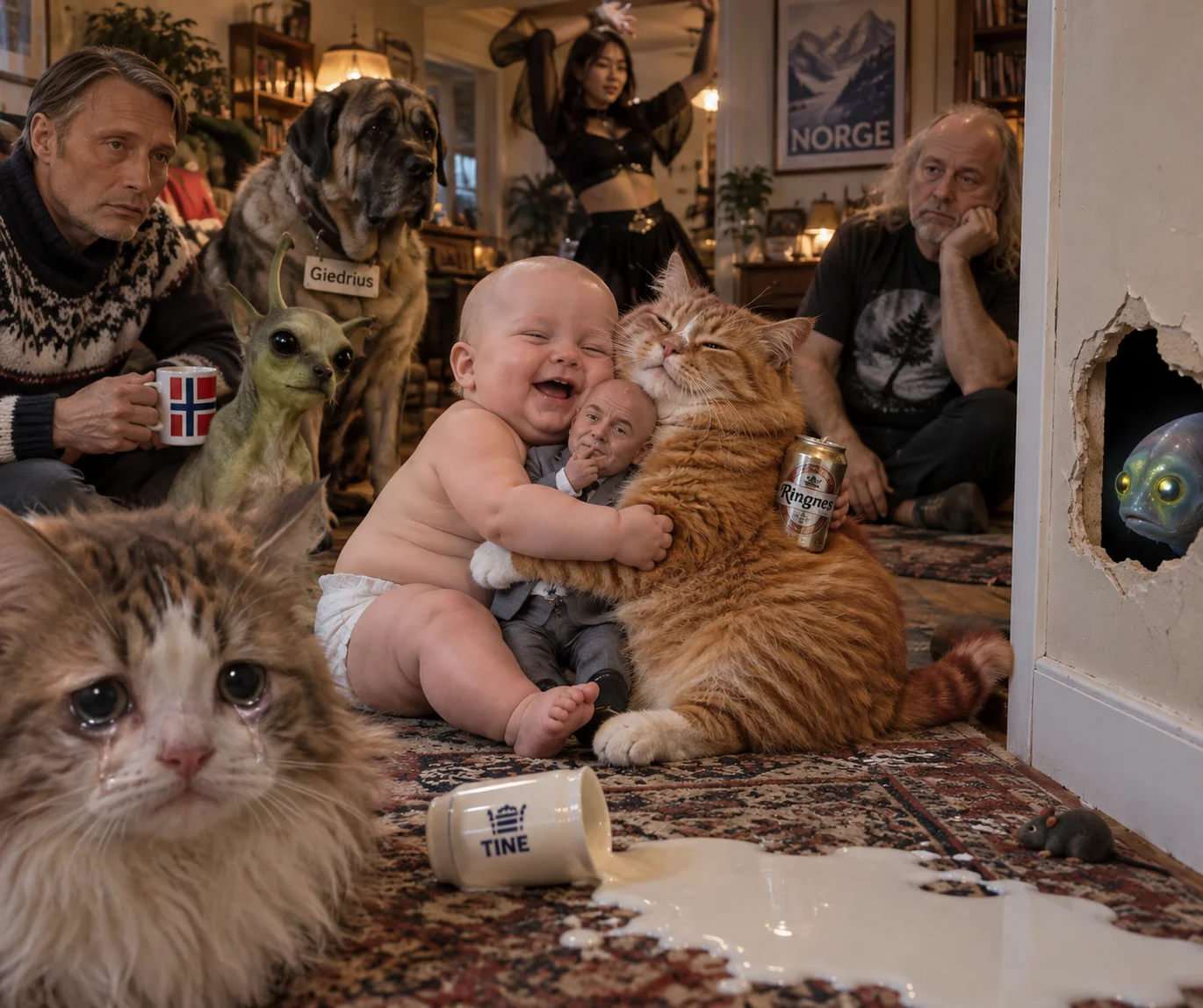 A bald baby and a red-haired cat hug tightly in a living room as jealous onlookers gather around a spill and a fish peers through a wall.