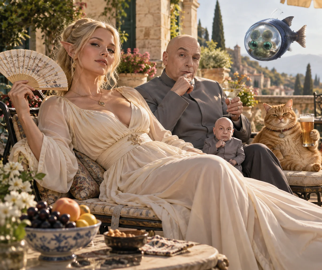 A blonde elf-eared ogress poses in a flowing dress on a sunlit French terrace with a miniature villain, a floating fish head, and a beer-sipping cat.
