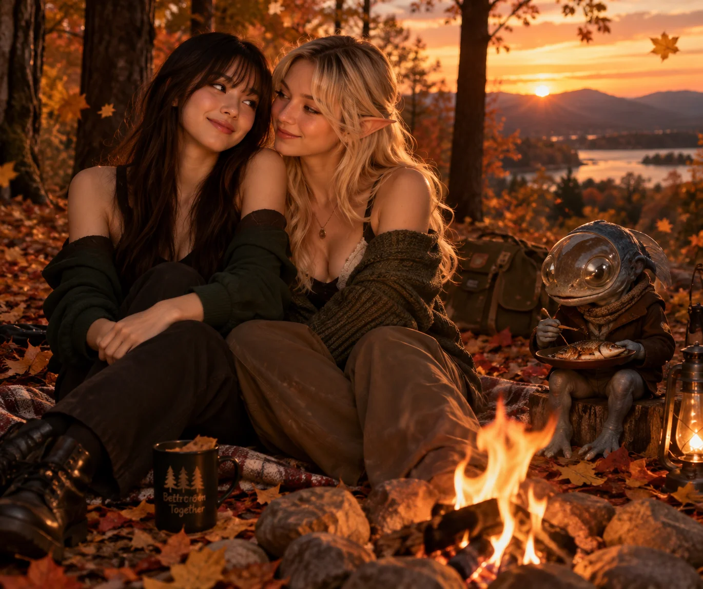 A couple shares a cozy campfire date in an autumn forest as leaves fall at sunset, while a barreleye fish eats nearby.