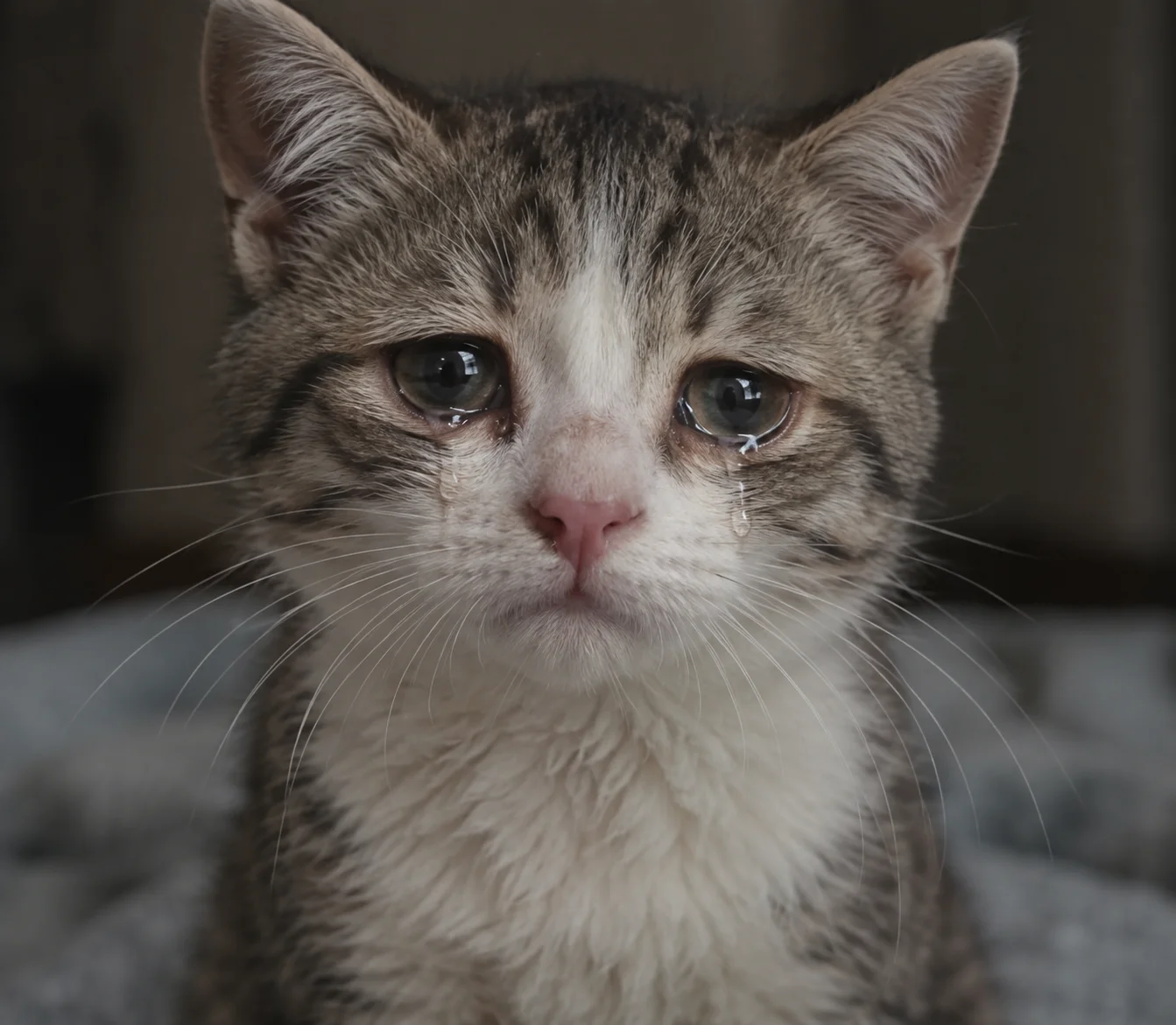 A sorrowful cat looks into the camera with tears in its eyes.