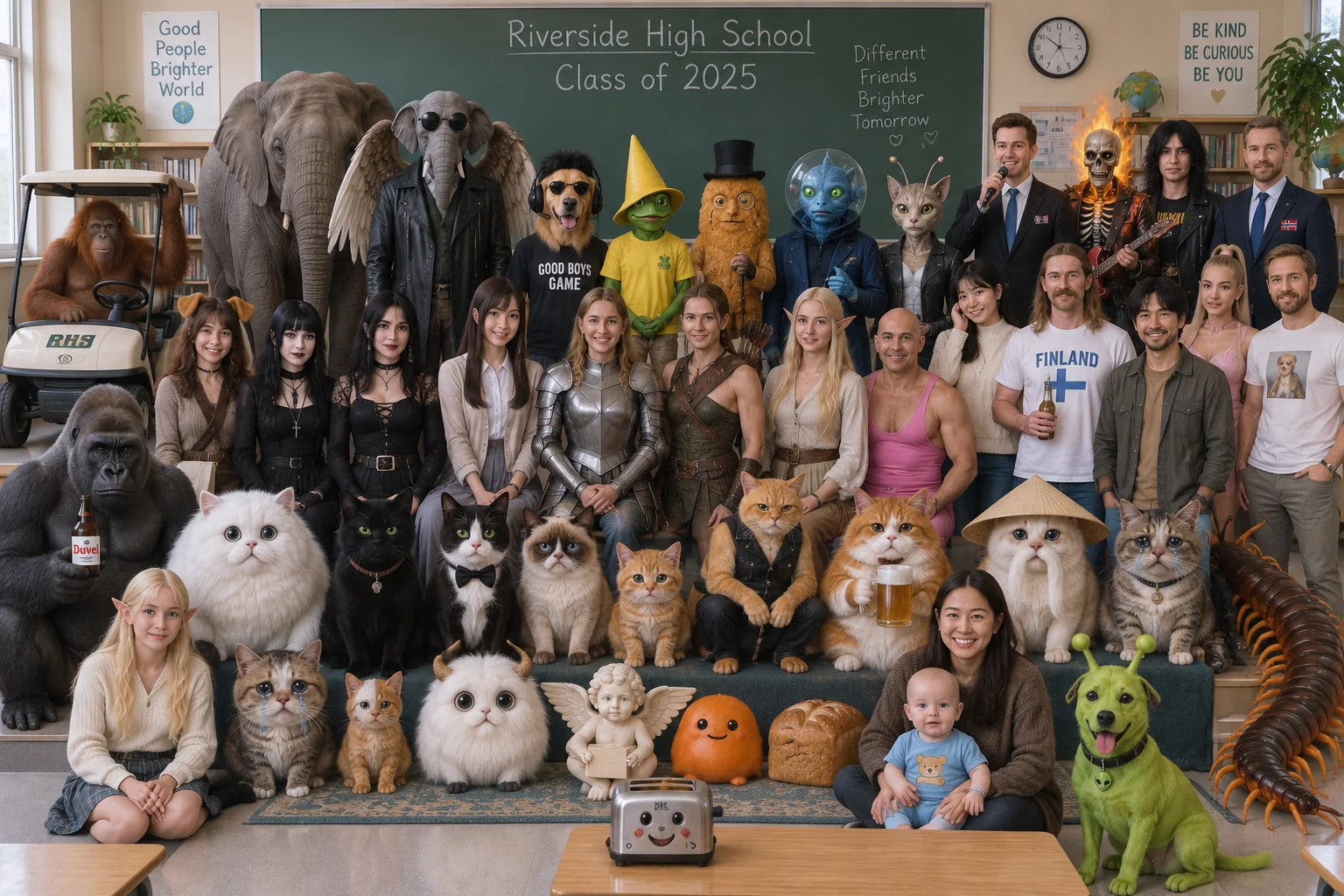A wildly varied class poses for a group portrait in a bright schoolroom, with cats, fantasy creatures, musicians, and unusual classmates filling the rows.