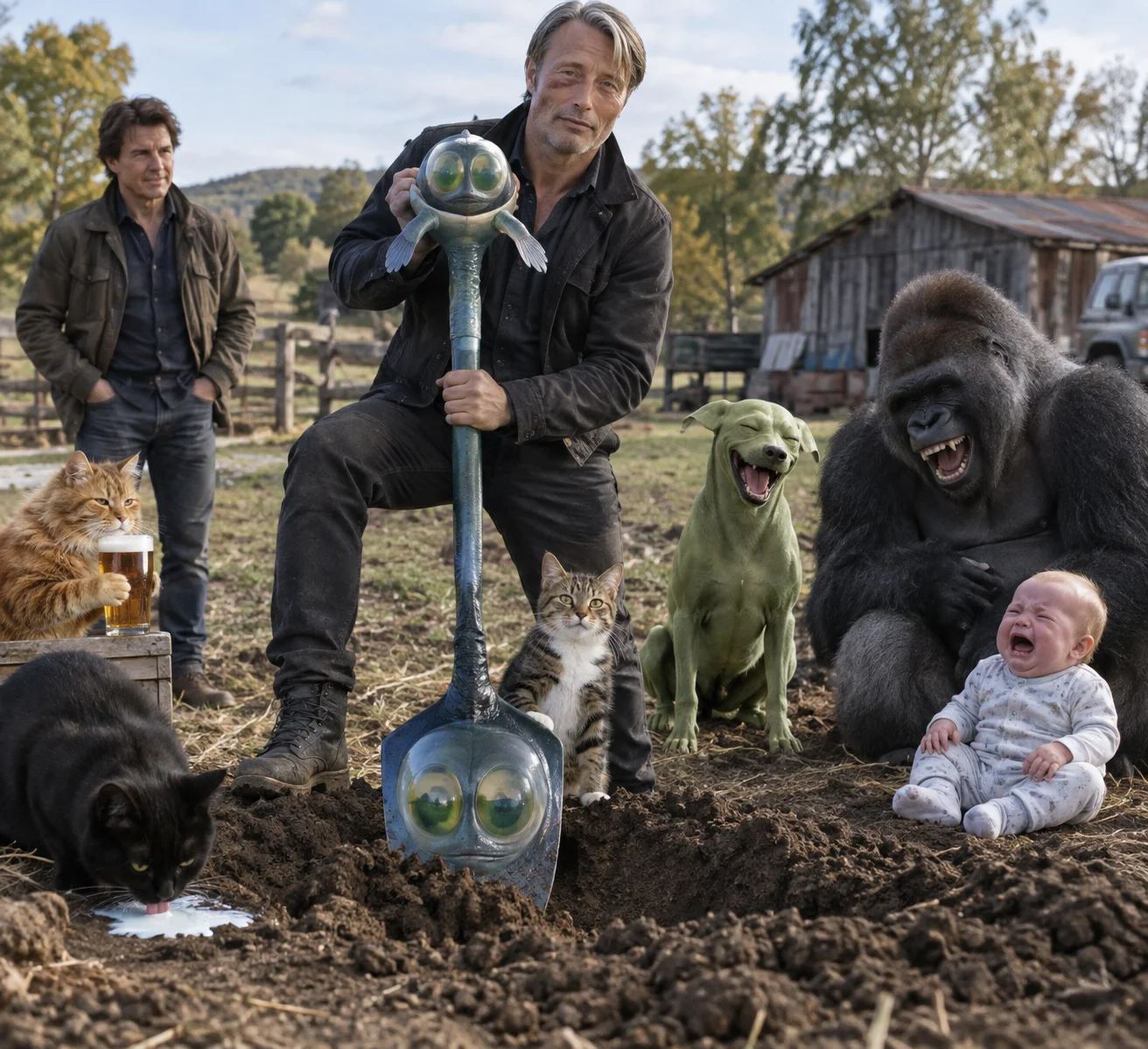 A cool Norwegian-looking man holds a fish-shaped shovel as cats, a crying baby, a laughing gorilla, and an aged-looking actor gather outdoors.