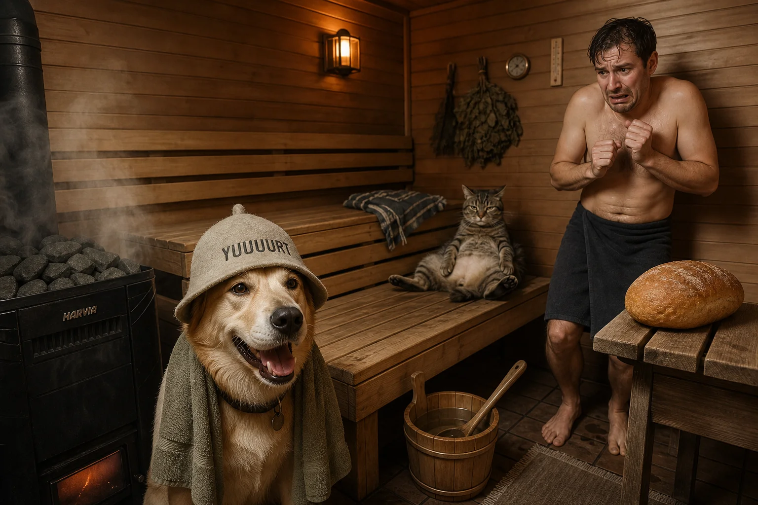 A nervous man, a distinct character named YUUUURT, a friendly dog, and a poorly seated cat share a warmly lit Finnish sauna with wooden benches, gentle steam, and a stone stove.