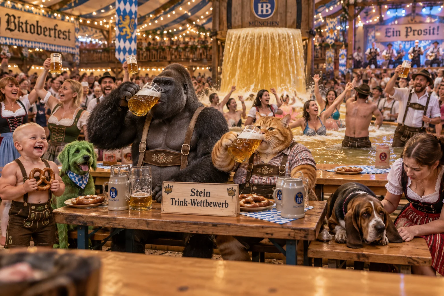 Tipsy Oktoberfest revelers celebrate around a beer-drinking contest, with a beer waterfall and pool inside a festive Bavarian tent.