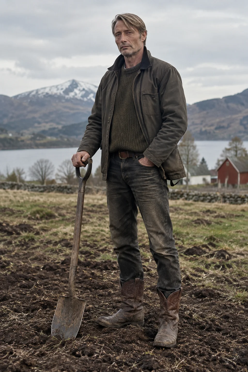 A rugged Norwegian-looking man holds an old shovel while wearing cowboy boots in a rural field.