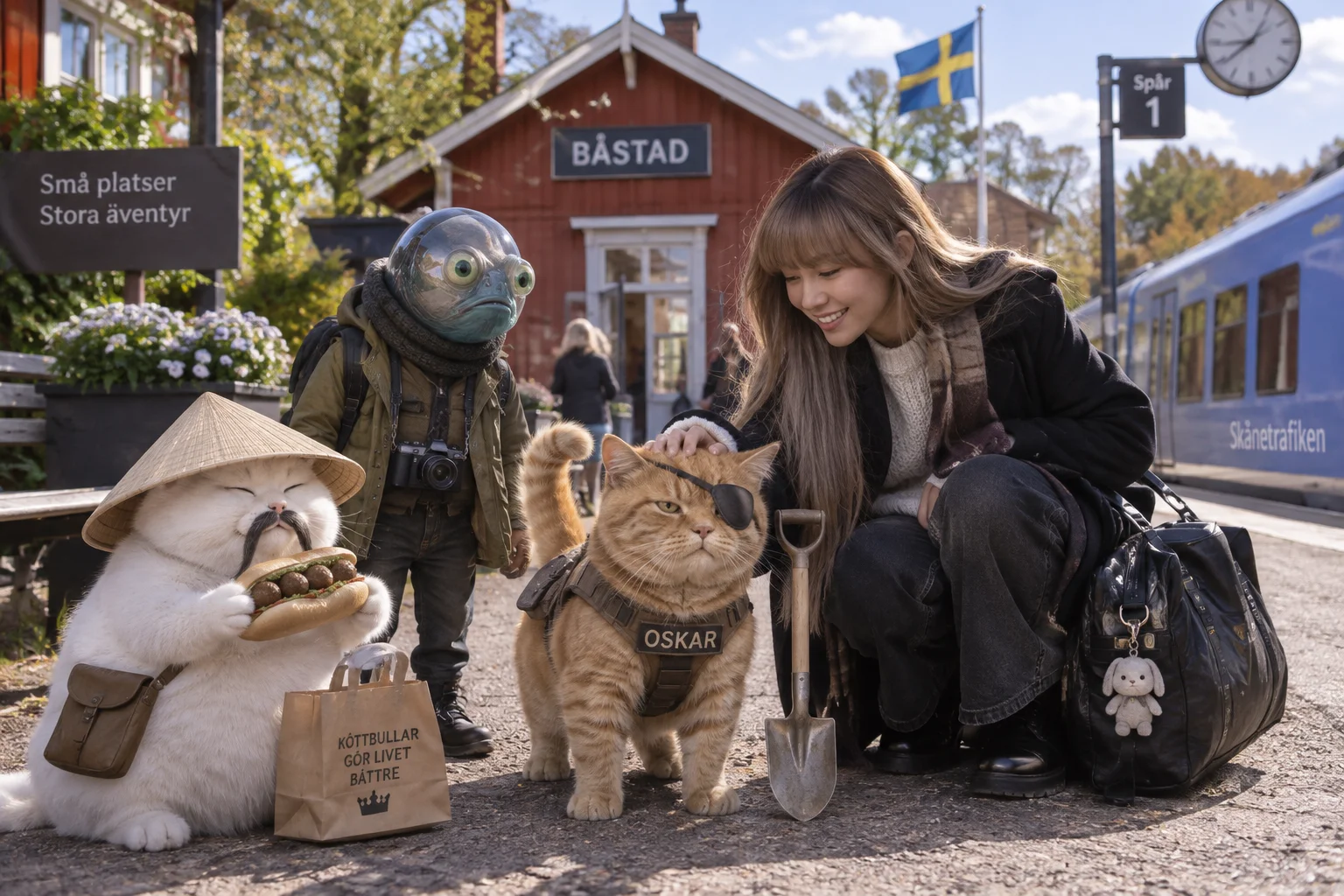 A woman arriving at a Swedish train station pets a tough-looking orange cat while two unusual cats watch nearby.