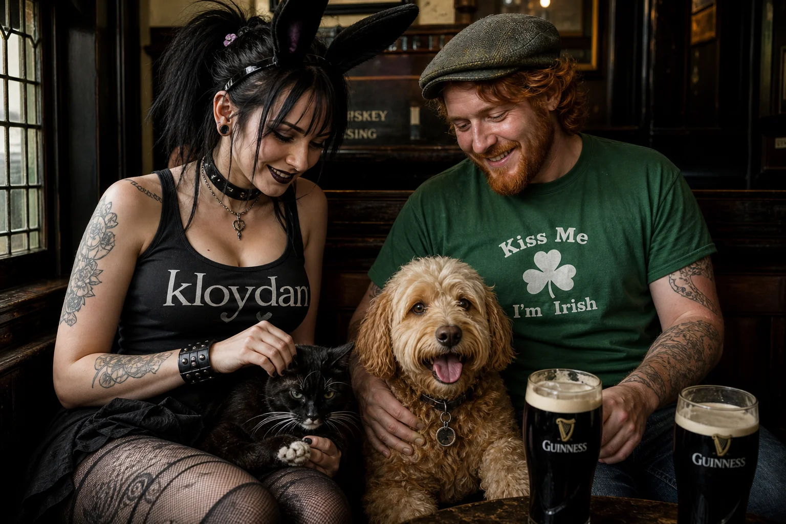 An adult goth woman with bunny ears gently pets a cat while a cheerful Irish man relaxes with a dog and a pint of stout in a warm, friendly setting.