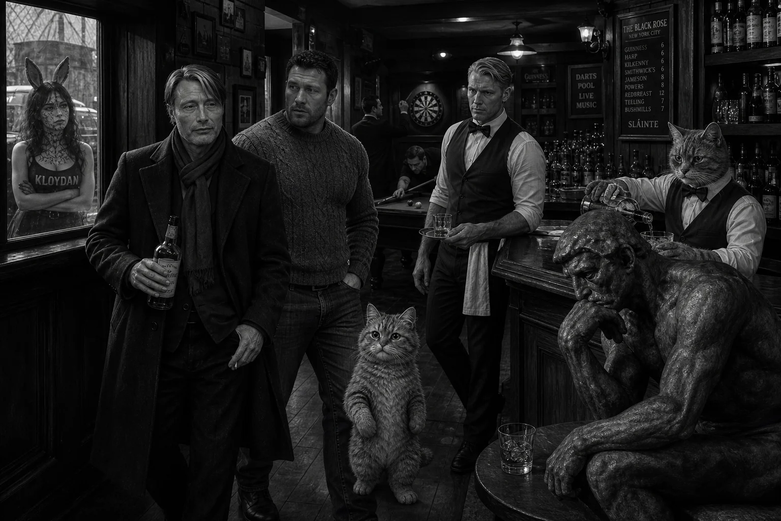 A monochrome cinematic scene shows three companions, including an expressive cat, entering a richly detailed traditional English pub while a statue drinks and patrons play darts and snooker.
