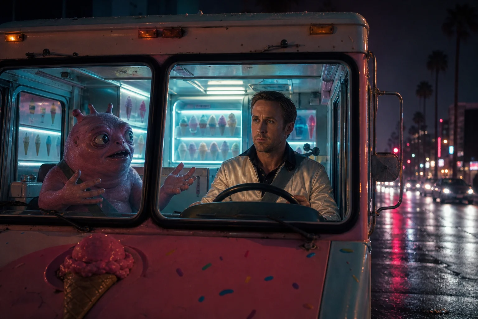 A focused man drives a whimsical pastel ice cream truck through a rain-slicked neon Los Angeles street while a friendly alien passenger gestures beside the glowing freezer display.