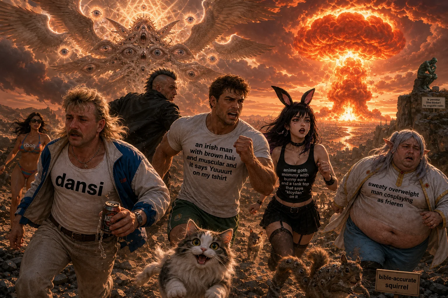 An eclectic group of people and a cat flee across a devastated landscape as a massive nuclear explosion erupts behind them, beneath a radiant many-winged angel and a smoke-filled apocalyptic sky.