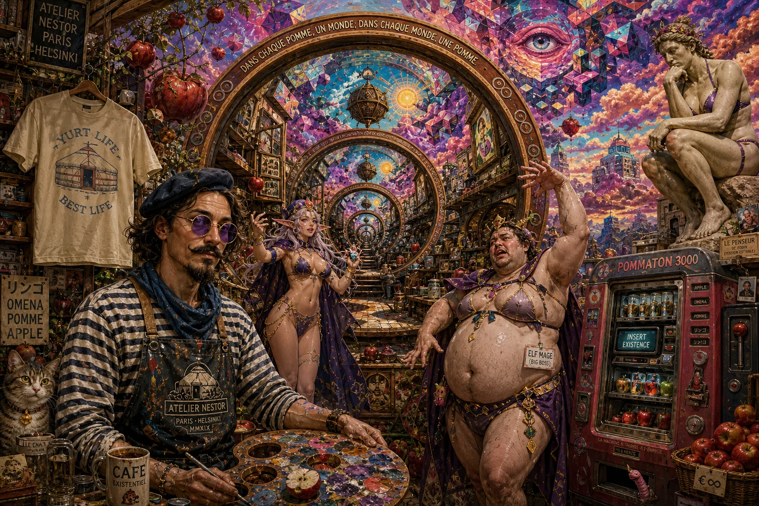 A vibrant surreal market-atelier features nested objects receding into impossible depths, an atelier hipster, elven mage cosplayers, a cat, apples, a quirky vending machine, and a statue beneath a warped geometric sky.