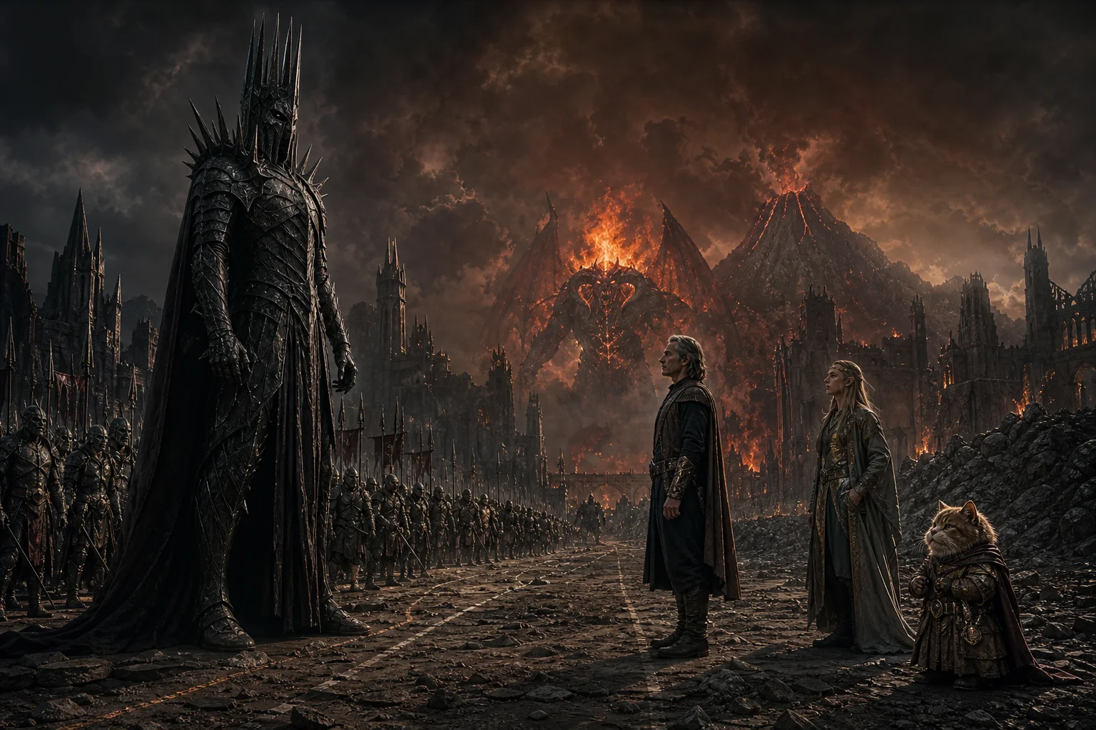 Sauron and an assembled orc army face a human, elf, and cat-like dwarf at a race starting line, with a colossal Balrog looming amid volcanic smoke and ruined dark-fantasy architecture.