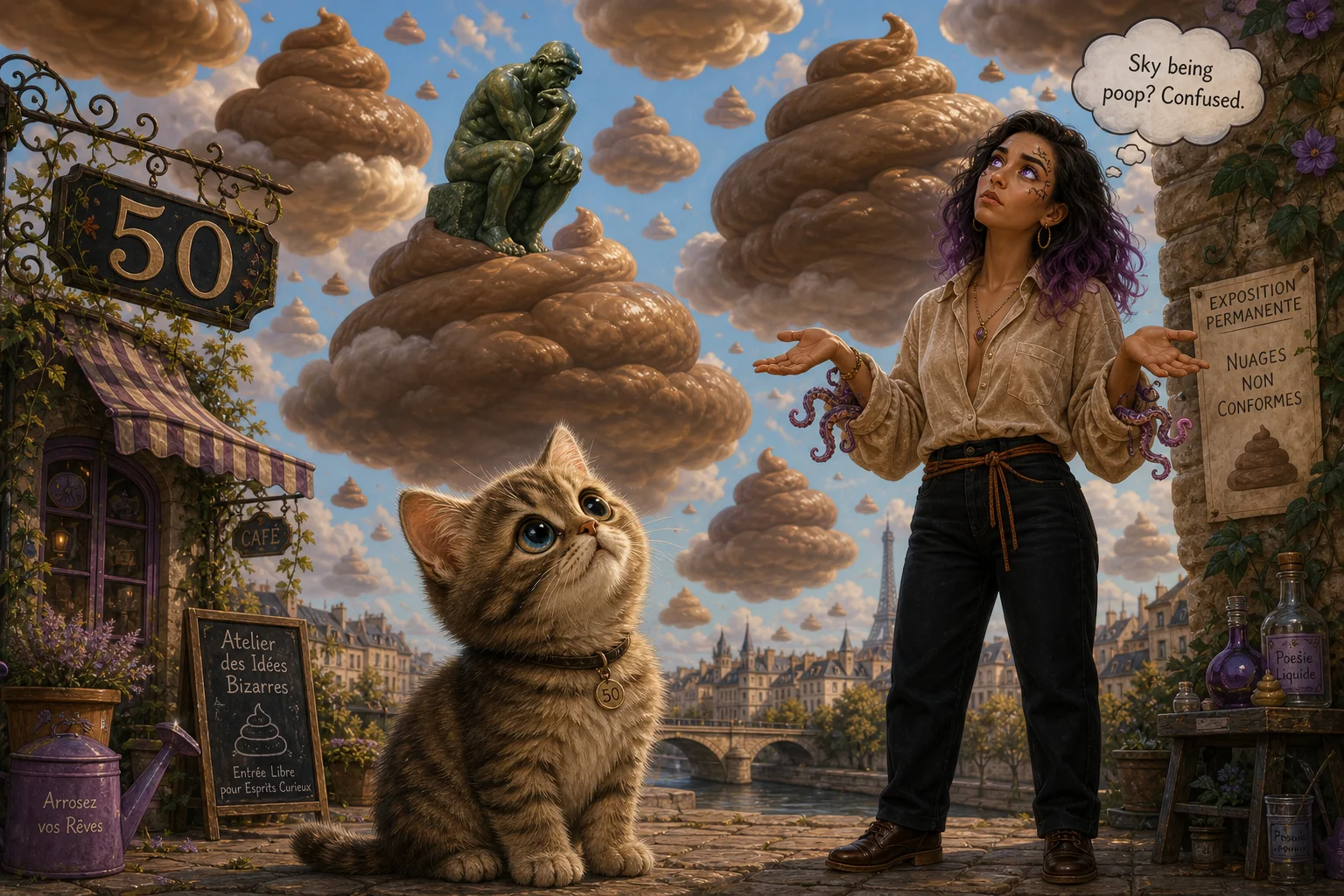 A cute cat gazes upward beside a confused woman beneath a fantastical sky of enormous colorful poop-shaped clouds, including a thoughtful statue and a playful number 50 sign.