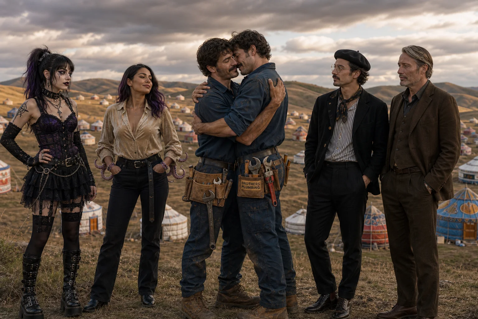 Two adult plumbers in work clothes embrace affectionately at the center of a surreal group scene, surrounded by distinctive observers across a rolling landscape dotted with colorful yurts.