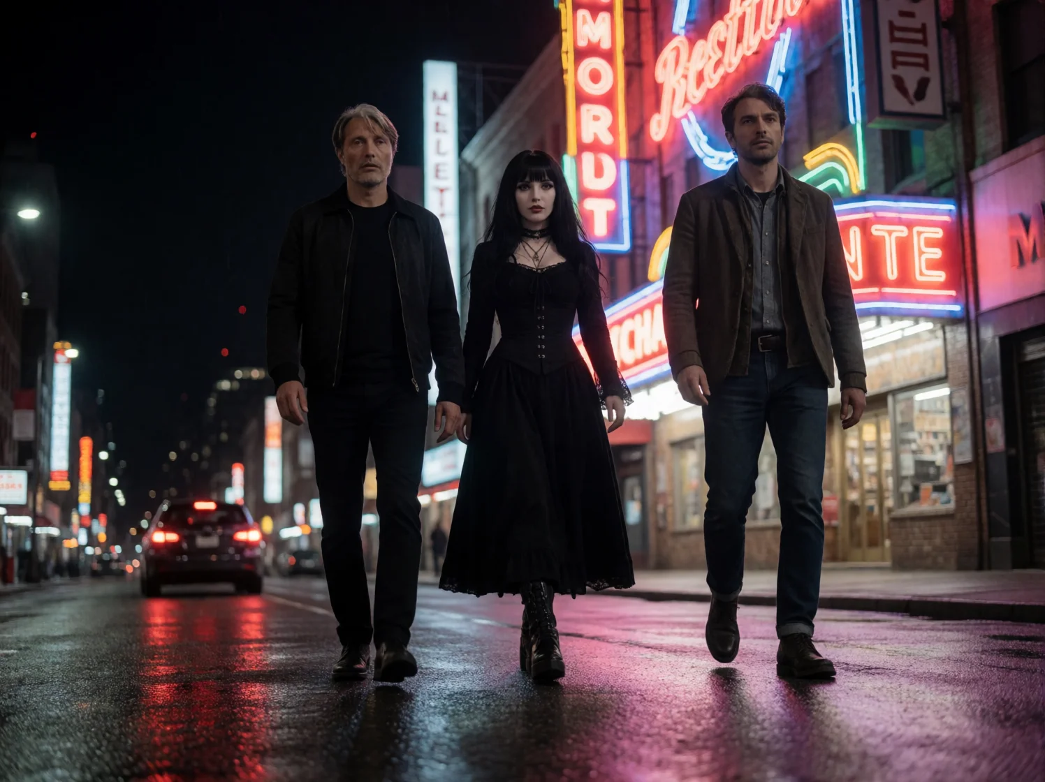 Three adults walk seriously along an empty neon-lit urban street at night, their figures reflected in wet pavement beneath towering architecture and distant red brake lights.