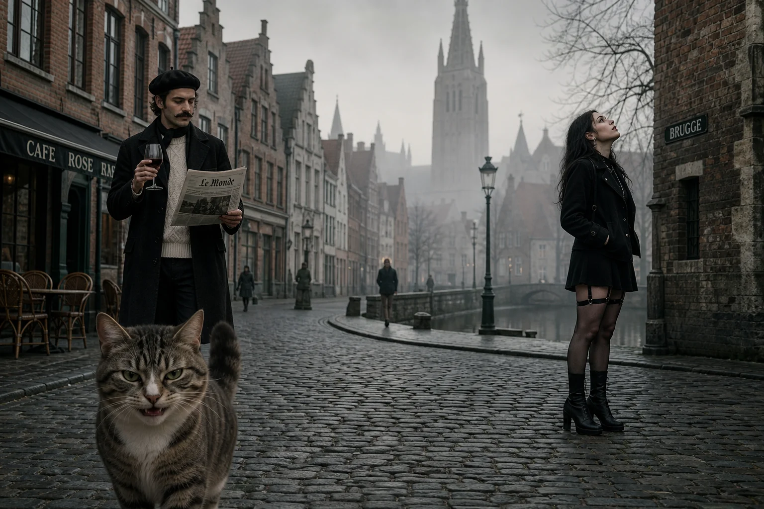 A sly cat faces the camera in a misty, nearly deserted Bruges street, while a man reads a newspaper and sips wine near a goth woman gazing skyward among canals and medieval buildings.