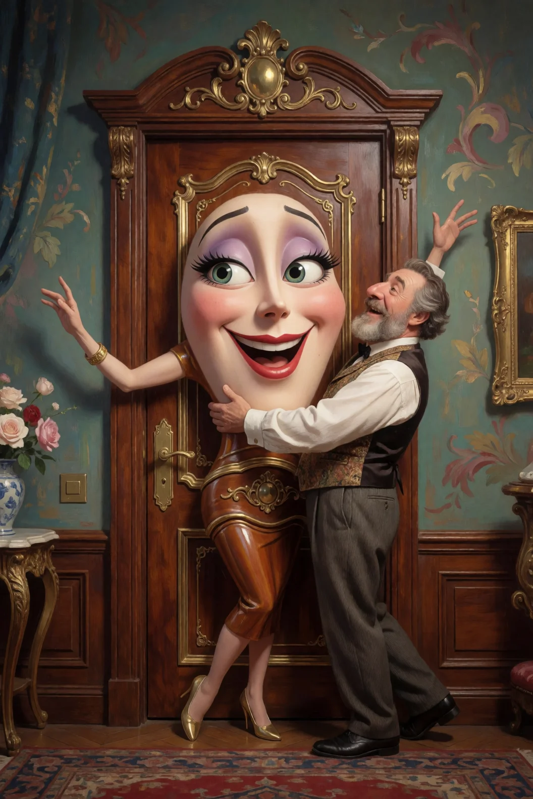 A fully clothed man passionately embraces a glamorous anthropomorphic door in a whimsical, richly detailed fantasy interior under theatrical lighting.