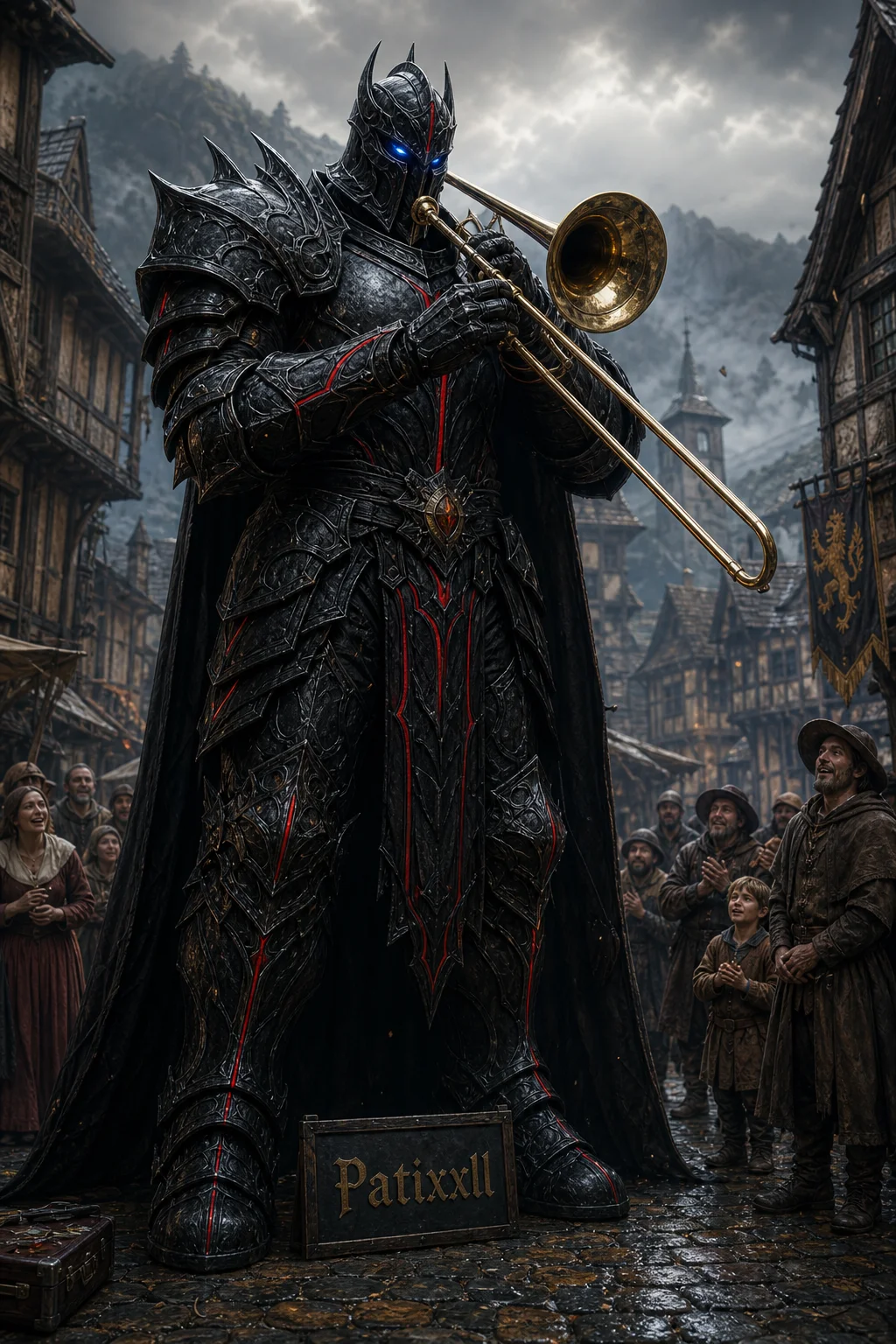 A towering, heavily armored medieval knight with glowing blue eyes plays a brass trombone in a rustic European village surrounded by timber-and-stone buildings and villagers.