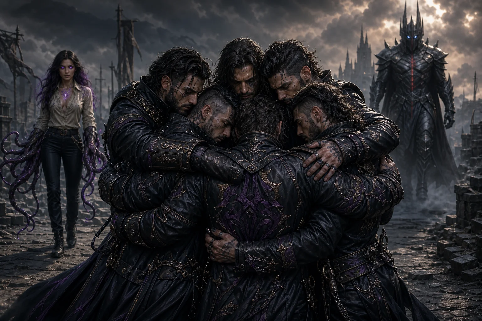 Five rugged men embrace in a brotherly hug while a purple-eyed, tentacled woman watches and a towering black-armored knight with glowing blue eyes approaches through a moody fantasy setting.
