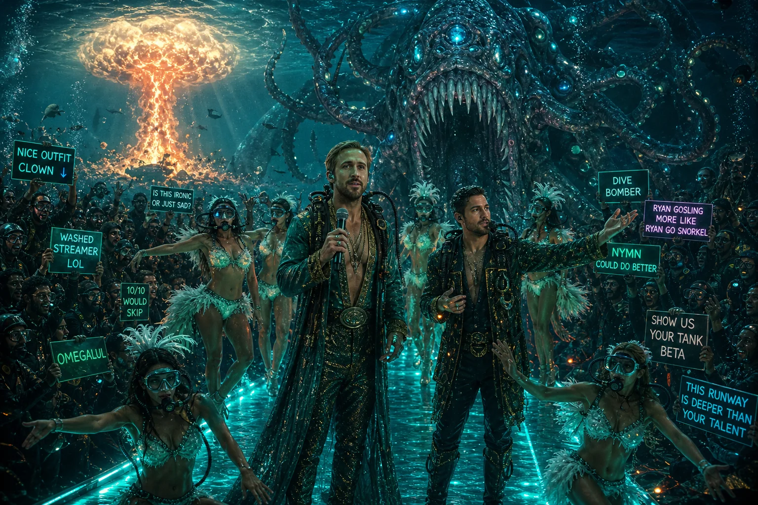 Models in extravagant diving costumes perform a synchronized dance on a glowing runway in an underwater theater, watched by a sea monster and heckling crowd as a luminous mushroom cloud blooms in the distance.