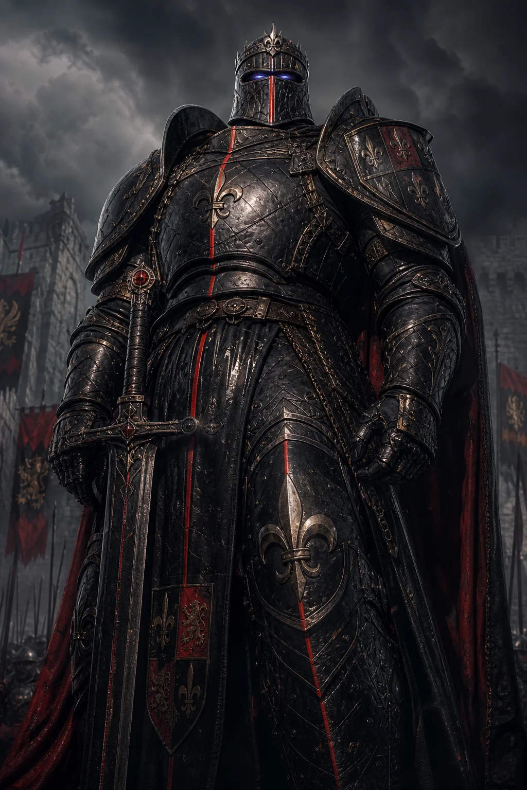 A towering medieval French knight in imposing black armor with oversized pauldrons and a red accent line stands in a dark, atmospheric setting, his hidden face marked only by vivid blue eyes.