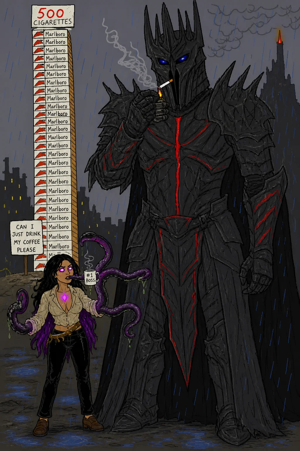 A gigantic black-armored medieval knight with glowing blue eyes lights a cigarette in the rain, towering over a stack of cigarettes, while a tentacled woman awkwardly holds coffee in the crude MS Paint-style scene.