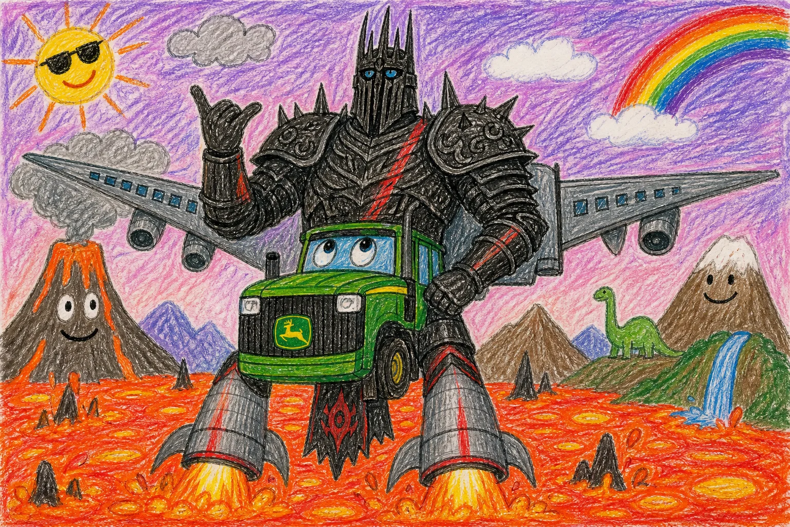 A towering medieval bird-knight in black armor, airplane wings, rocket legs, and a green tractor-like face gives a cheerful hand gesture while gazing upward on a bright lava floor, drawn in colorful childlike crayon style.