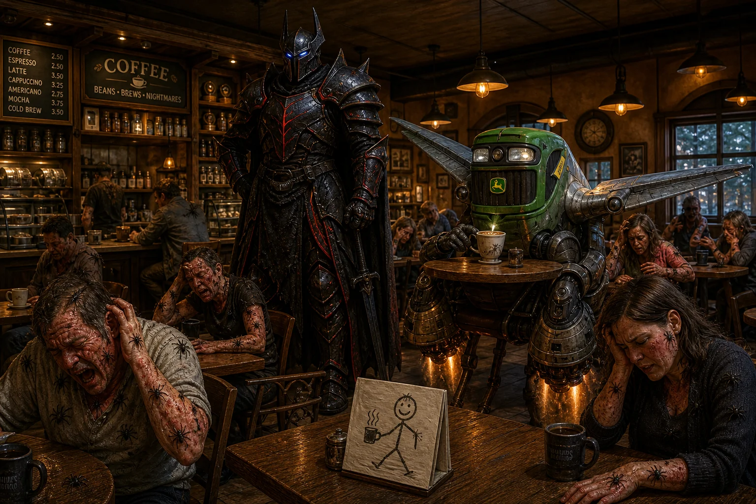 A towering black-armored knight with glowing blue eyes stands in a warmly lit wooden coffee shop, beside a winged, rocket-legged tractor-faced customer sipping a latte as distressed patrons sit amid surreal spider-filled rashes.