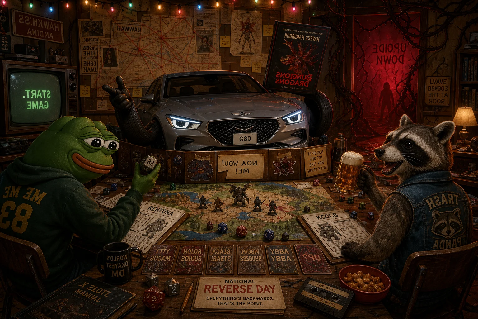A car-like game master leads a lively tabletop fantasy session in a cozy retro game room, where a frog, raccoon, and other players roll dice beneath maps, string lights, eerie red glow, and creeping shadows.