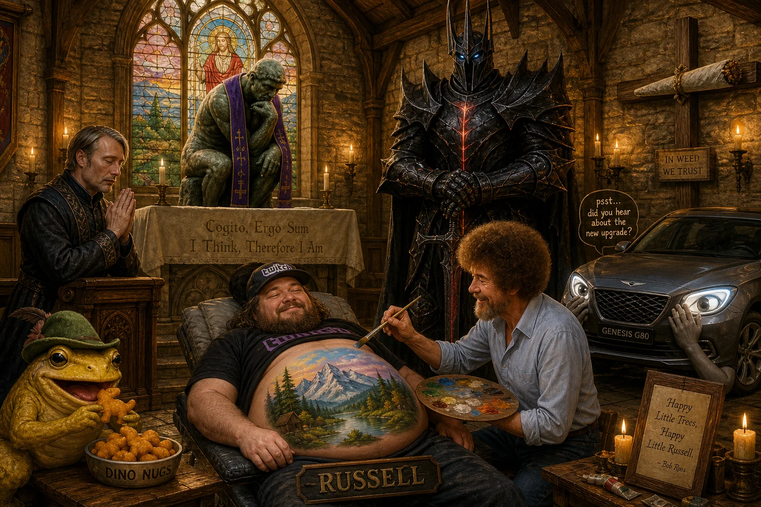 A surreal medieval church scene shows a stone priest at the altar, a kneeling man, an armored knight, a frog eating nuggets, a gossiping luxury car, and Bob Ross painting a reclining streamer’s stomach by candlelight.