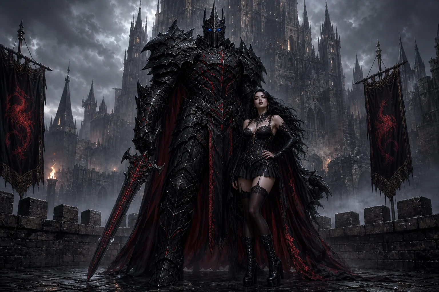 A towering masked knight in imposing black armor with glowing blue eyes stands beside a glamorous goth woman before misty castle walls and battlements in a dark medieval fantasy setting.