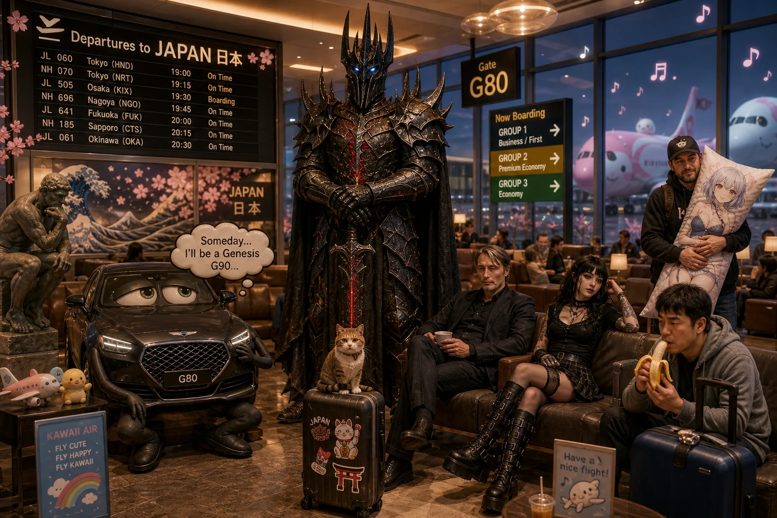 A towering black-armored knight with glowing blue eyes stands among whimsical travelers, luggage, a cat, and airplane decorations in a warmly lit airport lounge preparing for a flight to Japan.