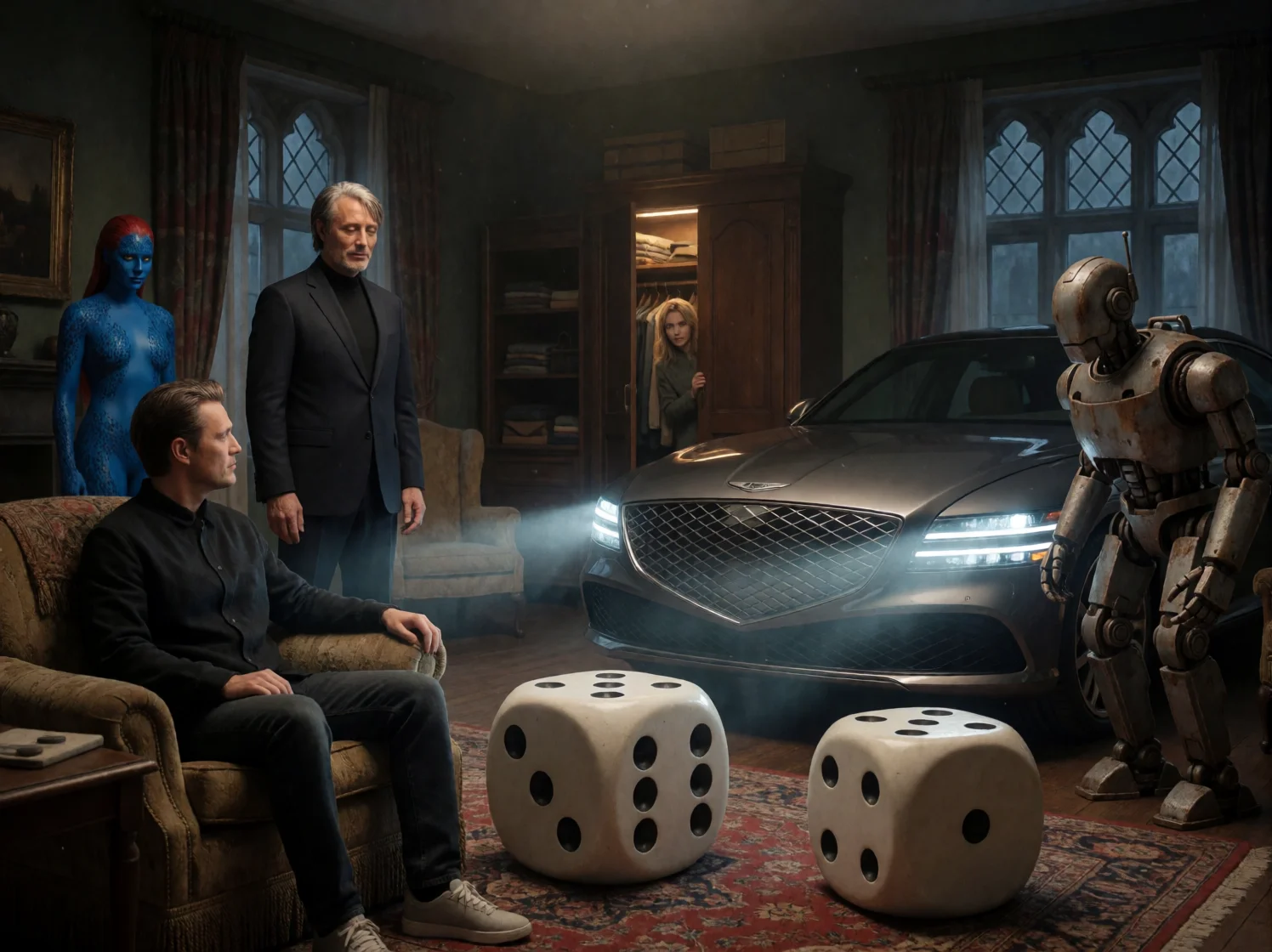 A surreal group gathers in a dim gothic living room as a menacing anthropomorphic luxury sedan looms over a streamer, with a robot, oversized dice, shadowy woman, enigmatic man, and nervous figure in a closet nearby.