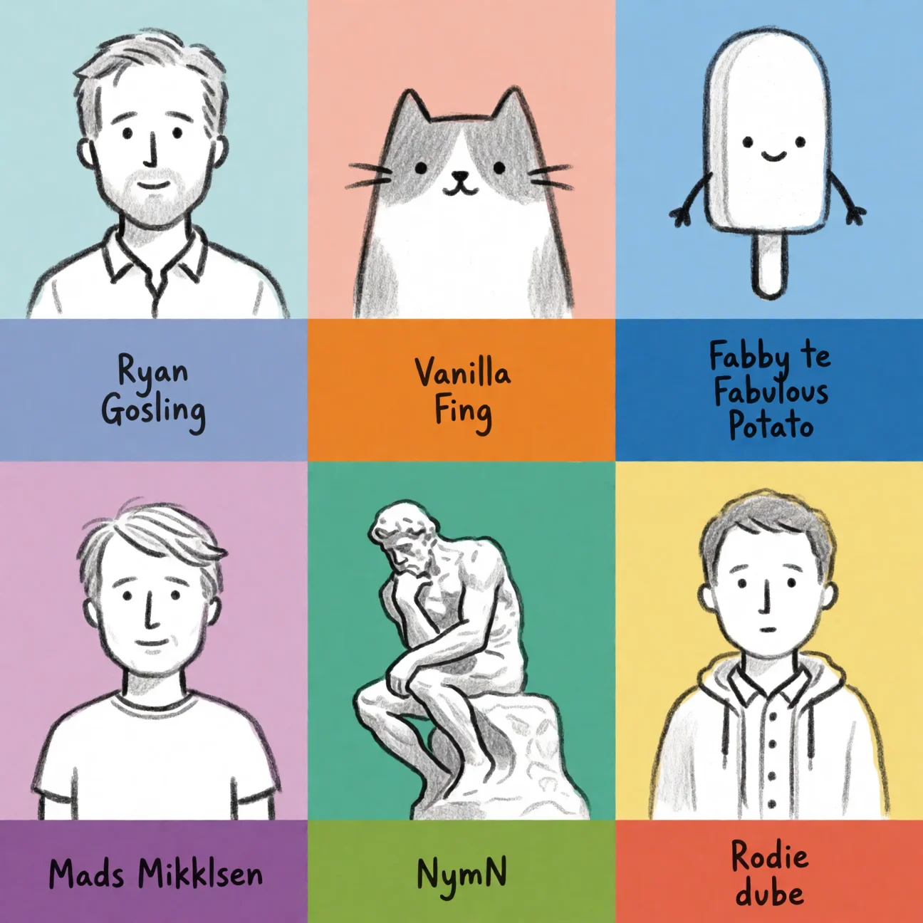 A whimsical square poster presents eight brightly colored compartments containing loose pencil-sketch characters and objects, including celebrities, a cat, ice cream, a potato, a statue, and a clothed man awkwardly humping a closed door.