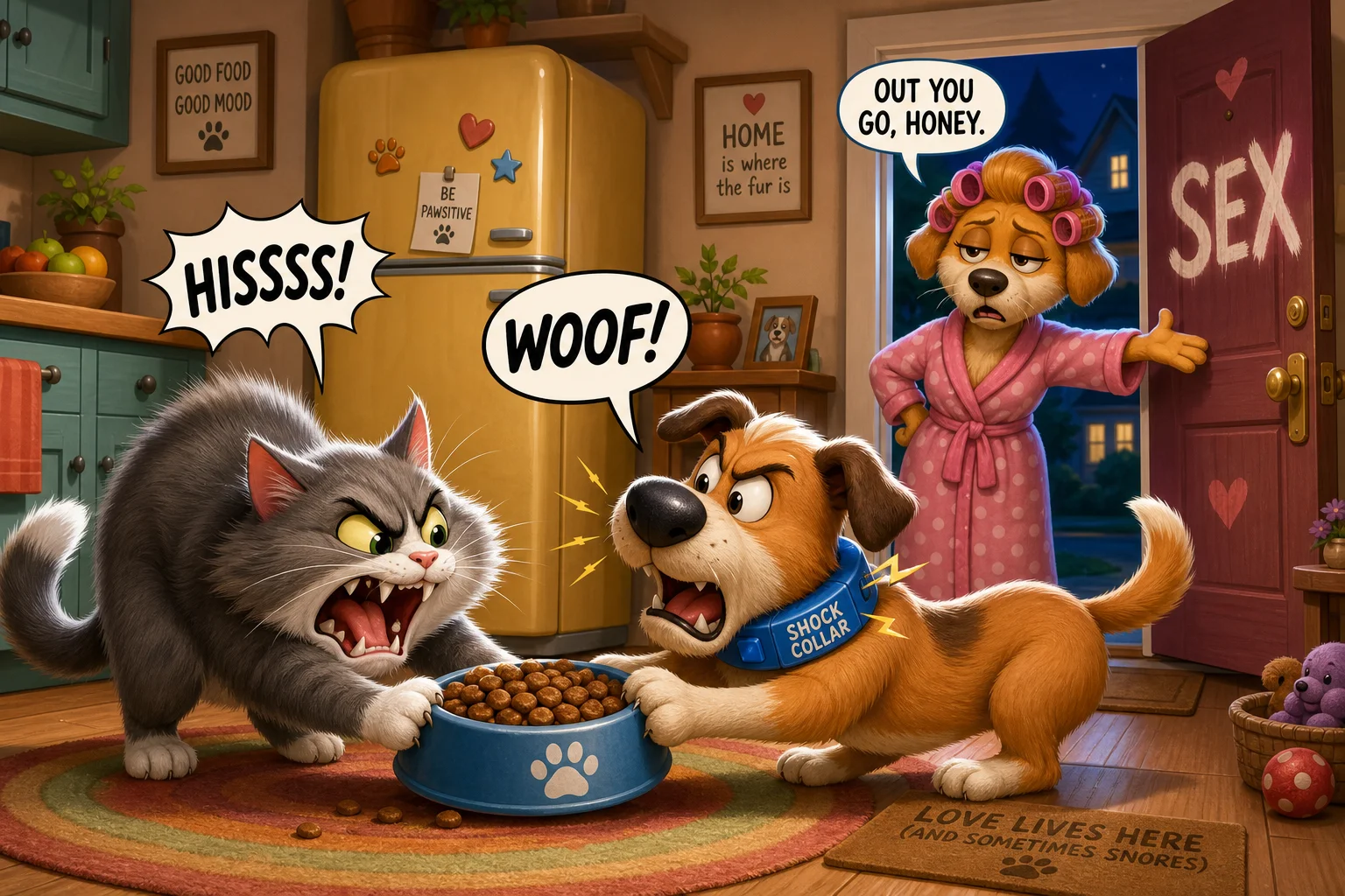 In a cozy colorful kitchen, a fluffy cat and dog tug over a food bowl while barking and hissing, as the dog’s unimpressed wife gestures toward the open front door.