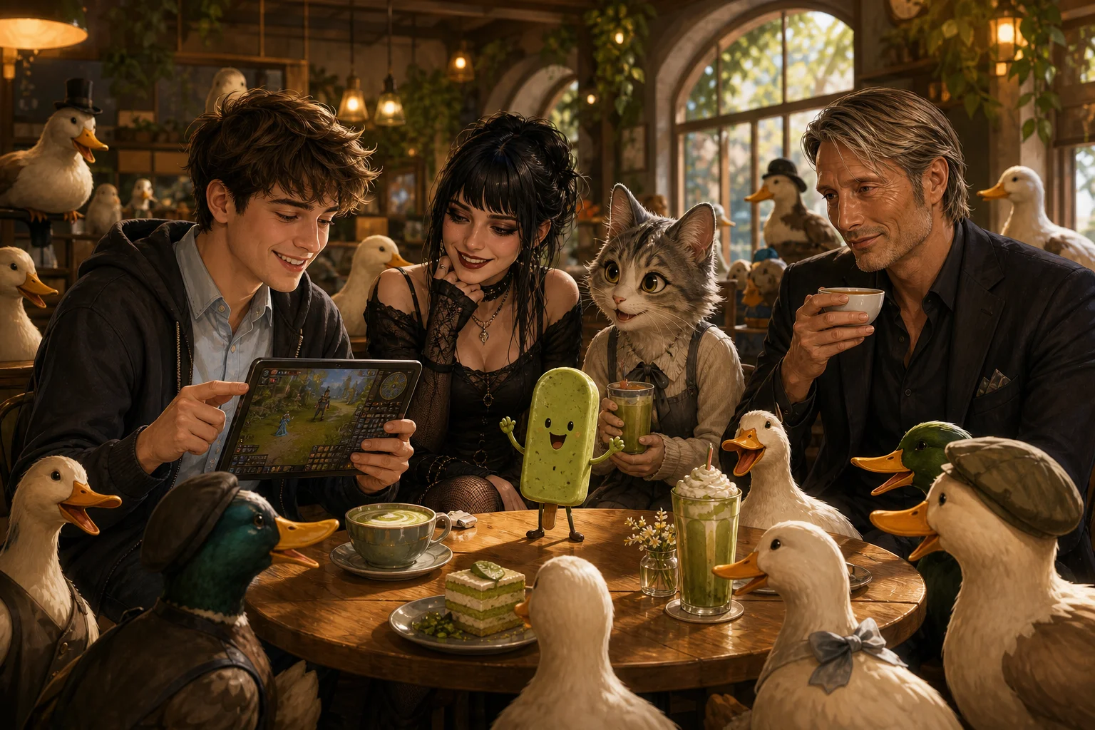 A lively group of ducks, a young man playing a game on a tablet, a goth woman, an anthropomorphic cat, a distinguished man, and a cheerful matcha ice cream character gather around a café table in a cozy, colorful scene.