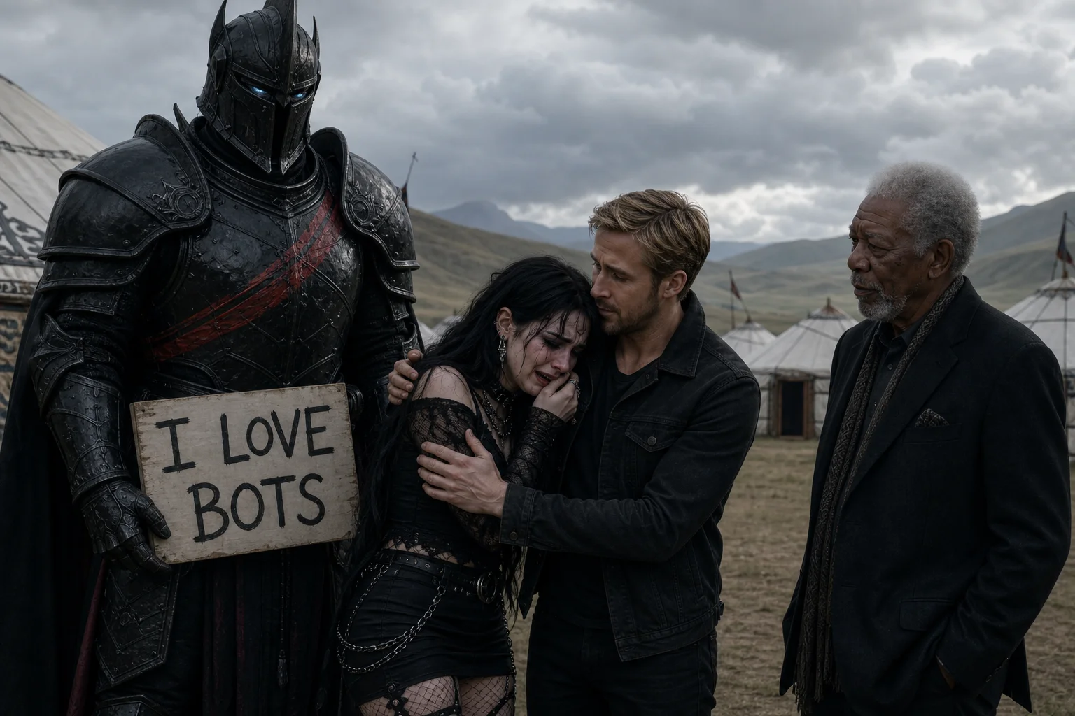 In an overcast field ringed by traditional yurts, a goth woman sobs as a compassionate man comforts her, while a towering black-armored knight holding an “I LOVE BOTS” sign and an older observer stand nearby.