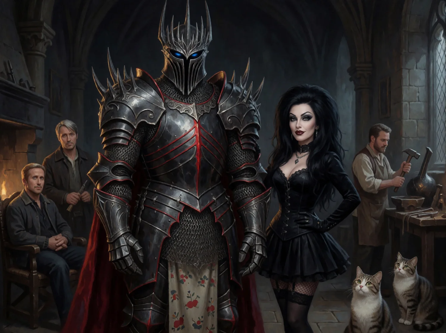 A masked black-armored knight with glowing blue eyes stands beside a goth woman in a shadowy medieval hall, while a person hammers at a workbench and two cats watch nearby.