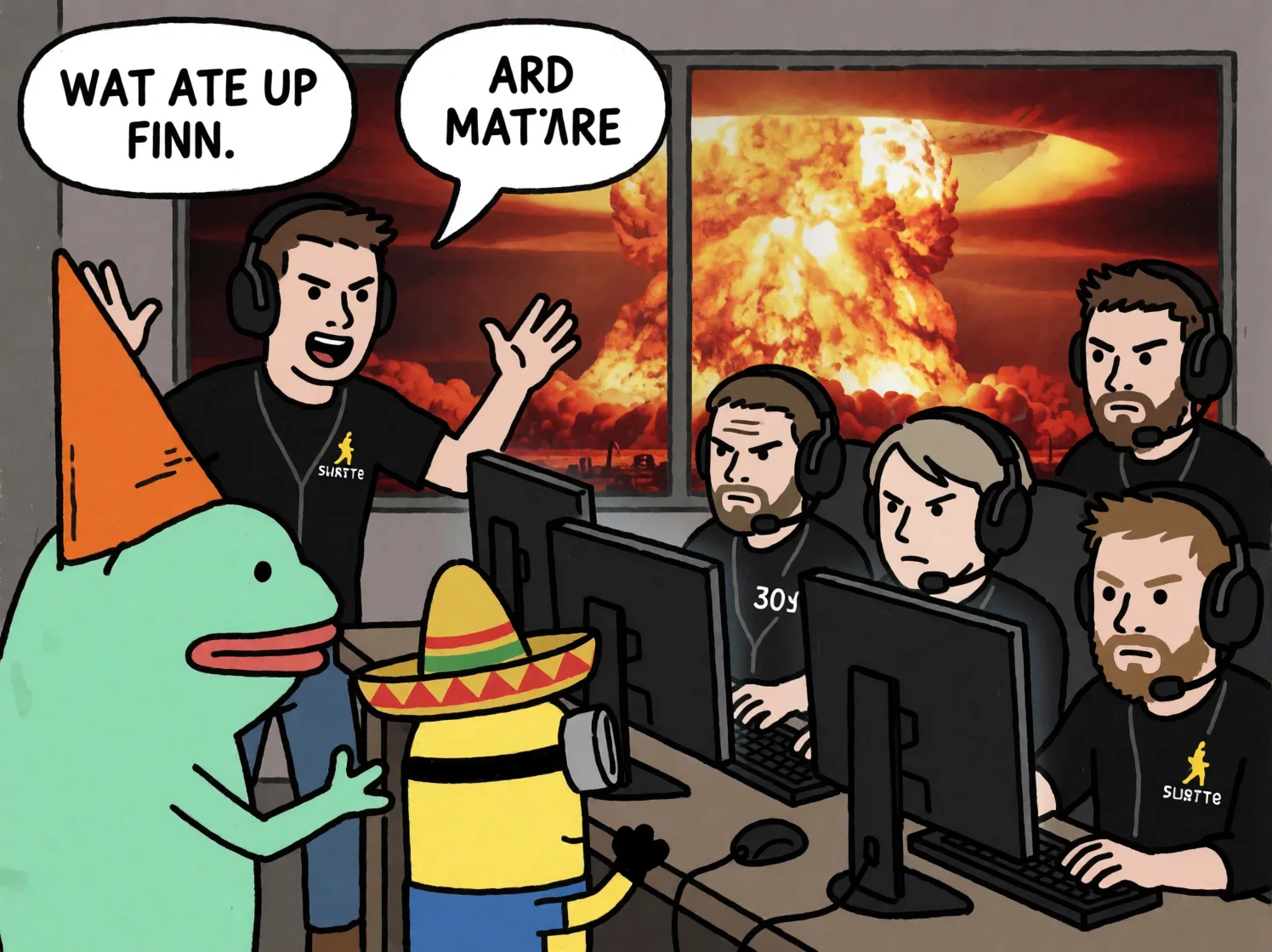 A chaotic webcomic-style esports team room shows a frantic player gesturing while furious teammates game in absurd costumes, including a frog and minion, as a giant mushroom cloud erupts outside the window.