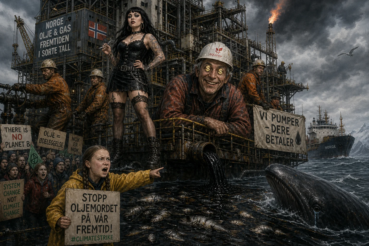 A massive Norwegian oil rig looms over a stormy sea as workers labor, crude oil spills into a slick filled with dead fish, a distressed whale surfaces, and environmental protesters rally below.