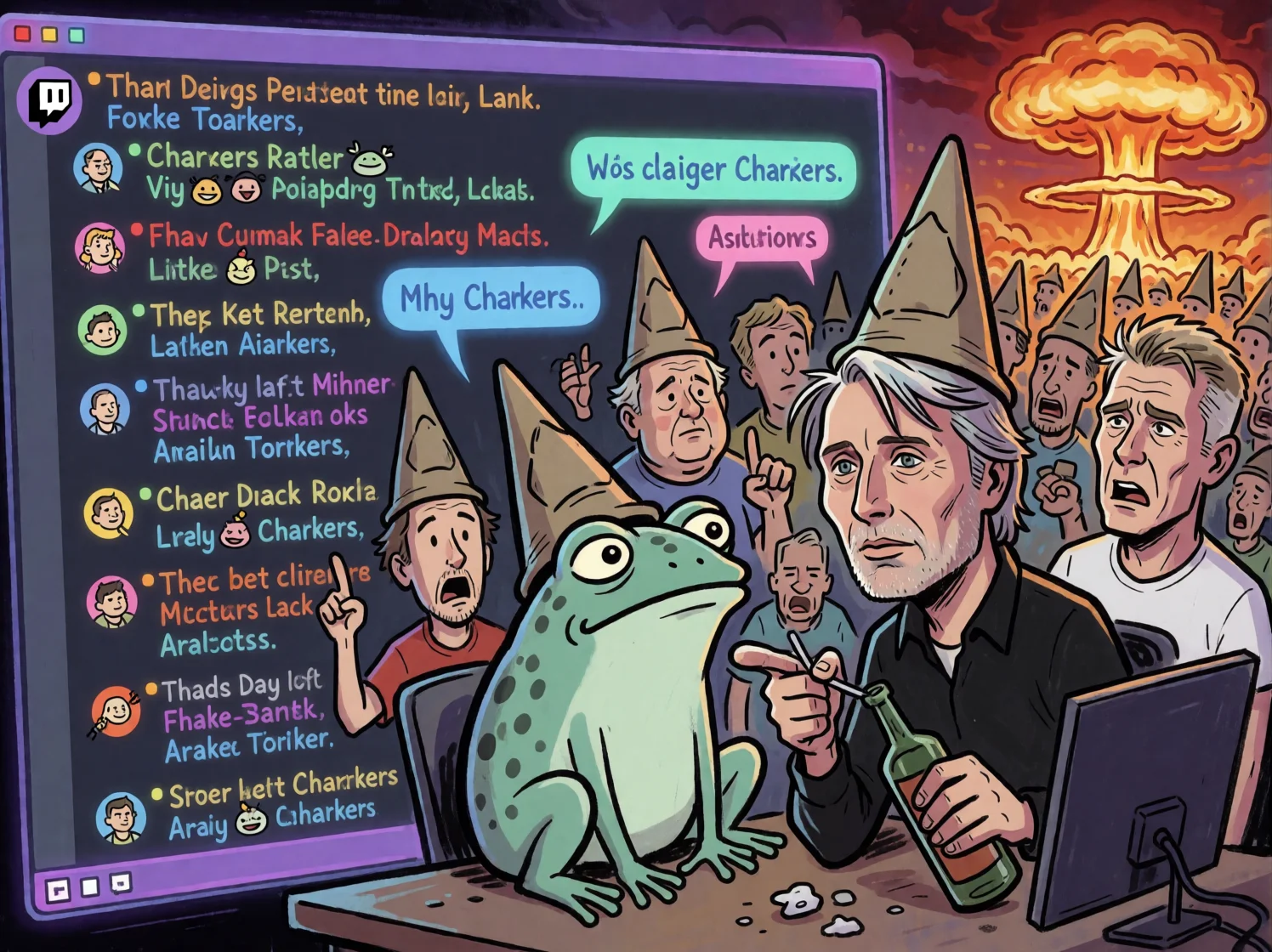 A chaotic cartoon Twitch chat erupts with vulgar spam and glowing message bubbles as a dunce-capped frog and chatter oil one another, while a bewildered figure looks on beneath a distant mushroom cloud.