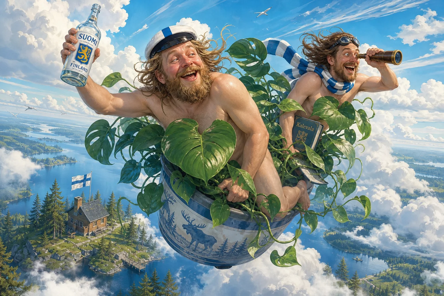 A cheerful, tipsy Finnish reveler and another adult traveler soar through a Nordic sky beside a whimsical oversized flying houseplant, surrounded by soft clouds in a vibrant, absurdist storybook scene.