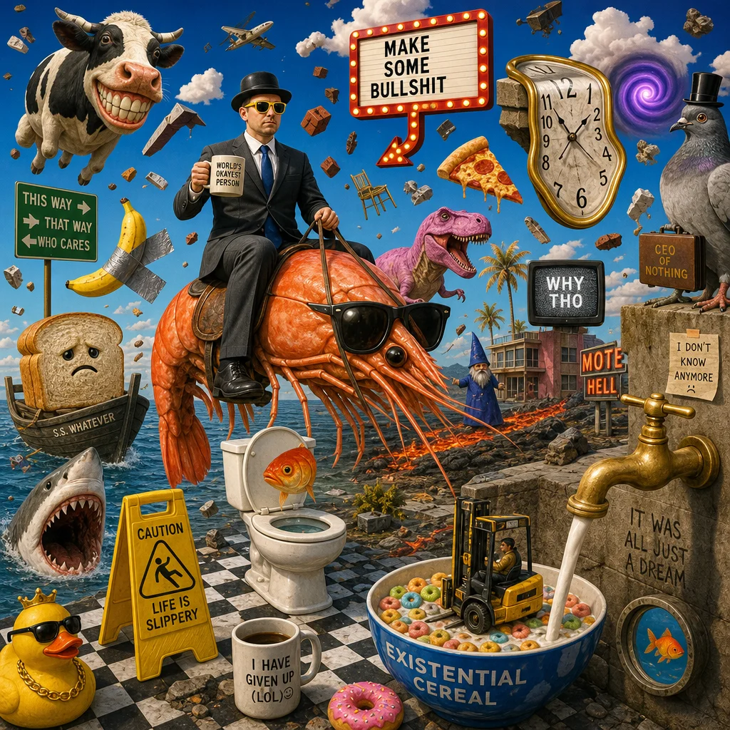 A colorful surreal collage of everyday objects, nonsensical symbols, and floating debris forms a chaotic, comedic scene filled with bizarre visual contradictions.
